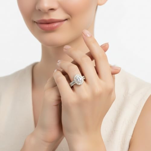 Image of Choose Your Gemstone Oval Halo Rollover Diamond CZ Wedding Ring Yellow Gold Plated Oval Shape Wedding Ring Sets Matching Jewelry Wedding Jewelry Easy to Wear Gifts US Size 4 to 12