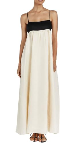chouyatou Women's Summer Color Block Spaghetti Strap Maxi Linen Dress Long Casual Flowy Beach Sundress