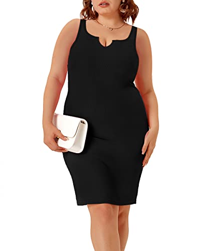 Tiyomi Plus Size Tank Dress For Women Summer Midi Dress Sleeveless Dresses U Neck Bodycon Pencil Length Dress Flared Black 3Xl #TOP17