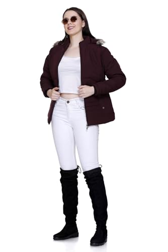Image of Winter Puffer Jacket with Faux Fur Hood, Quilted, Full Zip, Burgundy