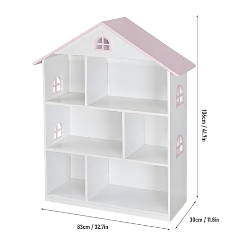 Image of Wooden Dollhouse Bookshelf, 3 Tier Bookcase for Kids, Pink and White, Toy Storage Organizer for Children Bedroom and Playroom, 32.7 x 11.8 x 41.7 Inches
