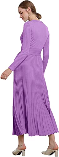 Image of Women's Long Sleeve Sweater Dress Ankle Length Fall Dress Vneck Knit Winter Dress
