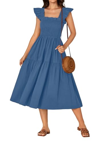 Image of Rooscier Women's A Line Smocked Midi Dress | Summer Sleeveless Square Neck Casual Sundress