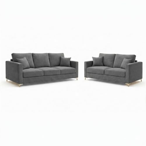 Image of Hayes Rich Velvet Suede 3 Seater + 2 Seater Sofa | Golden Aesthetic Legs | 6 Person Seating Capacity | Spacious Soft Touch Comfort | Modern Living Room Sofa (Dark Gray)