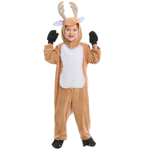 EVGVAT Kids Christmas Reindeer Costume Deer Animal Outfits Onesie Party for Boys and Girls (5-7Years)