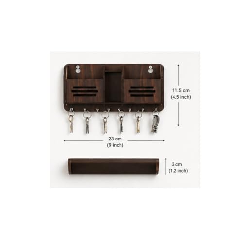 Image of Wooden Key Holder for Wall | Key Hanger Organizer with Storage Slots & Multiple Hooks | Wall Mounted Key Stand for Entryway, Home & Office