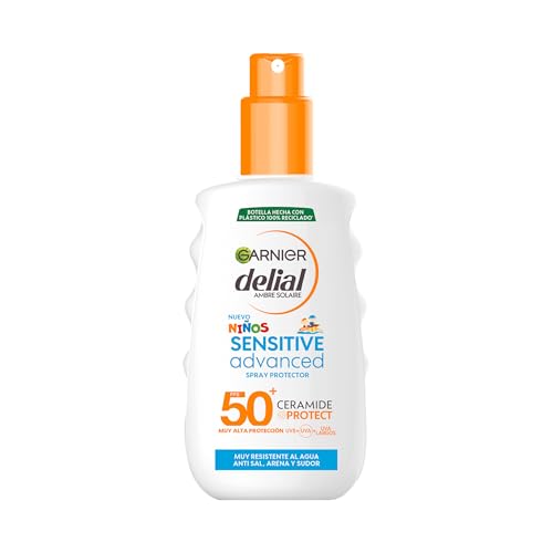 Garnier Delial Niños Sensitive Advanced Spray Protector Solar. Muy resistente al agua. Para pieles claras y sensibles. Alta Protección FPS 50+. Testada bajo control pediátrico, 150 ml
