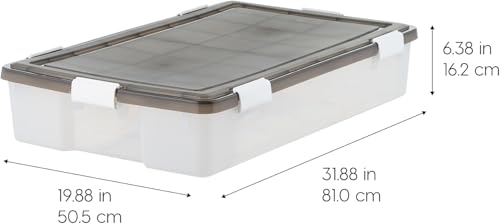 Image of IRIS USA WeatherPro Underbed 47 Qt Storage Bins with Lids, 1 Pack, BPA-Free Plastic Gasket Box with Tight Latch and Seal, Stackable Nestable Underbed Tote Tub - Gray /Clear