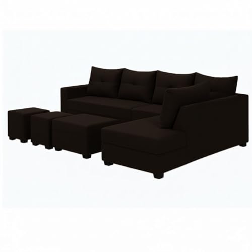 Image of SOCOZI Oriana 8 Seater RHS L Shape Sofa Set | Velvet Suede Fabric L Shape Sofa for Livingroom with 2 Ottoman & Centre Table (Dark Brown)