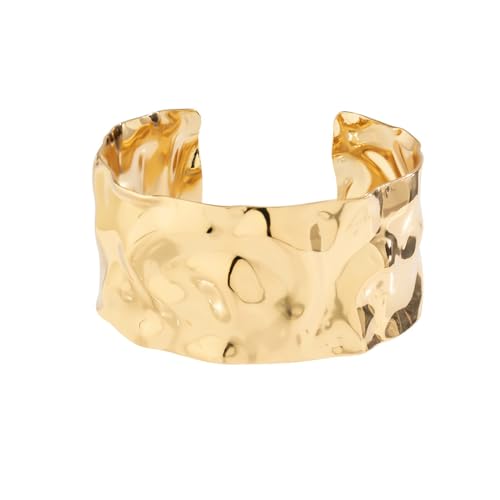 Wide Cuff Bracelet for Women Chunky Thick Hammered Concave Open Edge Arm Wrist Wrap Irregular Adjustable Shiny