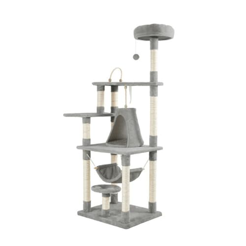 キャットタワー おしゃれ 富士山型ハウス 据え置き 171cm 爪とぎ ハンモック ハウス かわいい 多頭飼い 運動不足 ストレス解消 猫用品 ペット用品 キャットハウス 猫タワー 省スペース (ライトグレー)