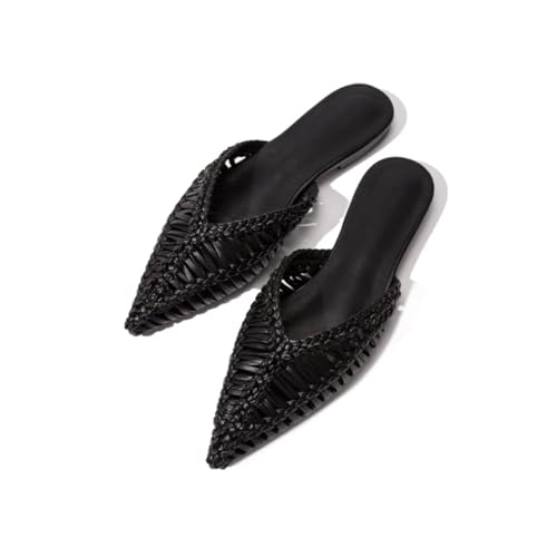 JANSEVEN Woven Flats Raffia Mules for Women Pointed Closed Toe Casual Slides Slip On Comfortable Dress Shoes2