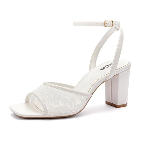 Image of Easyfox Open Toe Chunky Heel Sandals for Women Ankle Strap 3 Inch High Heels Dress Wedding Block Shoes