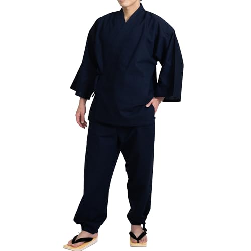 [もりおーる] 作務衣 メンズ 綿麻 混麻 LLサイズ 紺 紳士用 涼しい 薄手 春 夏 秋 通年対応