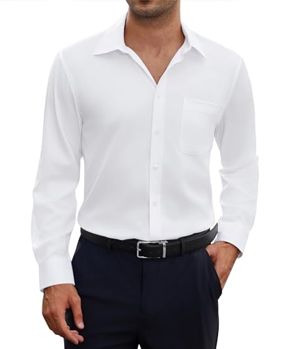 siliteelon Herren Hemd Langarm Weißes Bügelfrei Hemden Weiss Matt Stretch Oberhemd für Männer Weiß Regular Fit Anzug Business Herrenhemd für mit Tasche Büro Arbeit Hochzeit