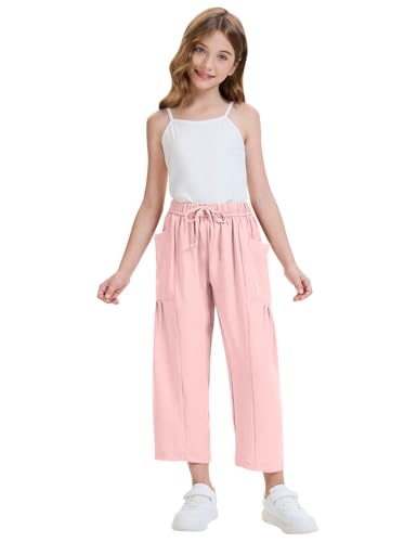 Image of COZYPOIN Girl's Wide Leg Pants Elastic Waist Loose Fit Flowy Casual Beach Palazzo Harem Trousers with Pockets 5-14 Y