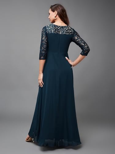 Image of Miss Chase Women's V-Neck Full Sleeve Self Design Lace-Overlaid Georgette Maxi Dress