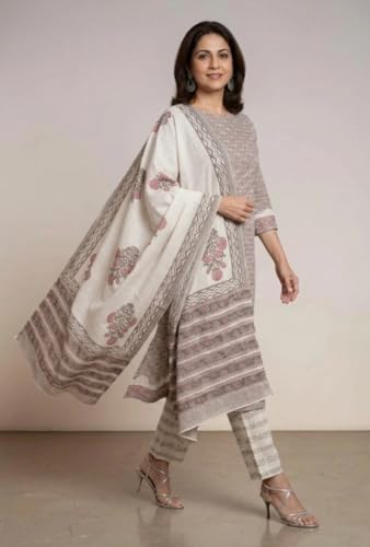 Image of Eddika women unstitched hand block printed cotton suit set with mulmul dupatta ehbpcswmd0120P