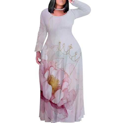 Image of PinkPatty Plus Size Maxi Dress for Curvy Women Crew Neck Long Sleeves Casual Dress Vacation Sundresses with Pockets