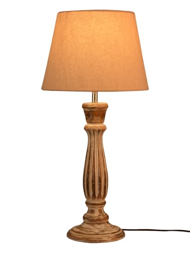 Image of Green Girgit Athens Wooden lamp with Taper Samre Brown Solid Shade, Vintage Style Table Lamp with Fabric Beige Shade, Distressed Wood Base (LED Bulb Included)