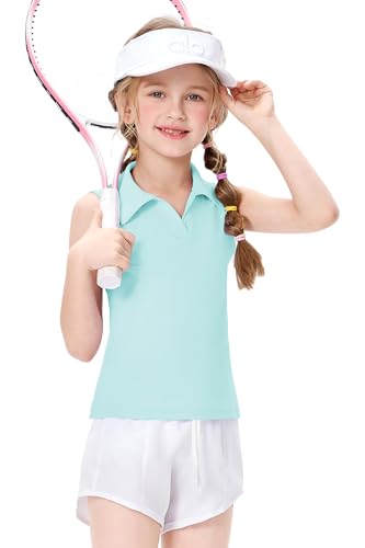 Hvididan Girls Mint Green Sleeveless Polo Shirts, Kids V Neck Golf T Shirts Blouses, Quick Dry Athletic Girls Tennis Tank Tops, Size 7-8 Years