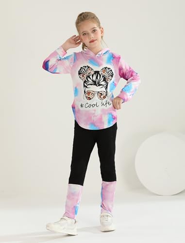 Image of Girls 2 Pcs Fall Winter Tie Dye & Leggings Outfits For Teens 5-14 | 2026 Girls Fashion Trendy, Long Sleeve Hoodie, Cool Life Print, Patchwork Pants, Back to School Holiday Tracksuit