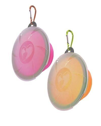 KGDUYC 2 Piezas Comedero y Bebedero Plegable para Perros y Gatos - Cuenco Doble de Silicona Resistente Libre de BPA - Plato Portatil para Agua y Comida Ideal para Viaje, 450ml + Naranja/Rosa
