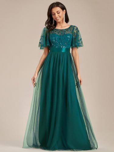 Image of Ever-Pretty Sequin Formal Prom Dresses for Women Ruffle Sleeves Empire Waist A-Line Long Mother of Bride Dress 00904