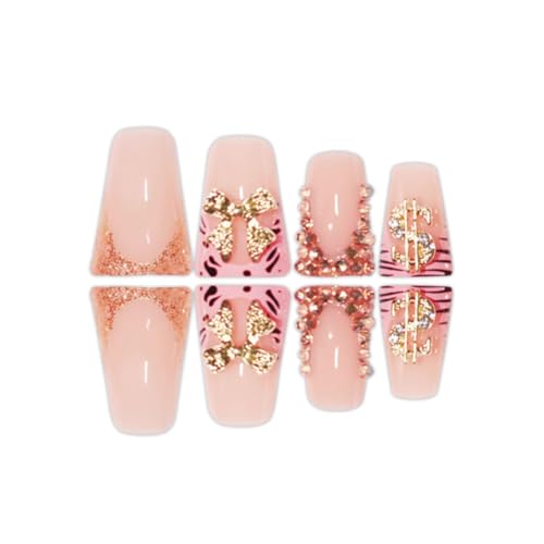 Image of Bow Press on Nails French Tip Fake Nails Pink Glue on Nail with Charms Design Rhinestone False Nail Glossy Full Cover Artificial Acrylic Stick on Nails for Women Girls Manicure 24Pcs