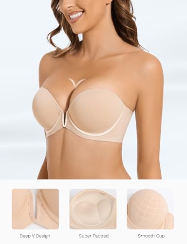 Strapless Bra Push Up Non Slip Deep V Plunge Underwire Bras for Women Super Padded Add 2 Cups3