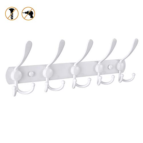 Oyydecor Wall Mounted Coat Rack, 5 Tri Hooks Heavy Duty Stainless Steel Coat Hook Rail for Coat Hat Towel Purse Robes (White)