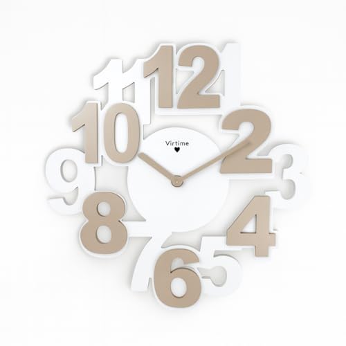 VIRTIME Orologio da parete, Orologio a muro con numeri grandi, orologio particolare diametro 35 bicolore (Bianco e Tortora)