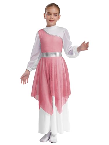 Hansber Kids Girls Church Liturgical Dance Dress Praise Long Sleeve Metallic Asymmetrical Dancewear