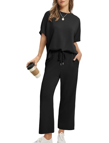 Desol Zweiteiler Damen Sommer Outfits Trainingsanzug Sets Kurzarm Oberteil & Jogginghosen Weites Bein Caprihosen für Freizeit & Hausgebrauch & Reisen