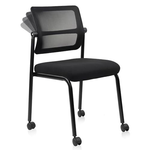 Image of CLATINA Stacking Armless Office Chair with Wheels, Stackable Mesh Guest Reception Desk Chairs with Adjustable Backrest for Waiting Room Conference Lobby Side School, Black, 1 Pack