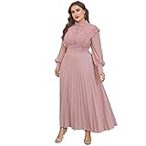 Women's National Elegant Pleated Slim Long Sleeve Solid Lace Applique Waist Closing Dress Plus Size Pink