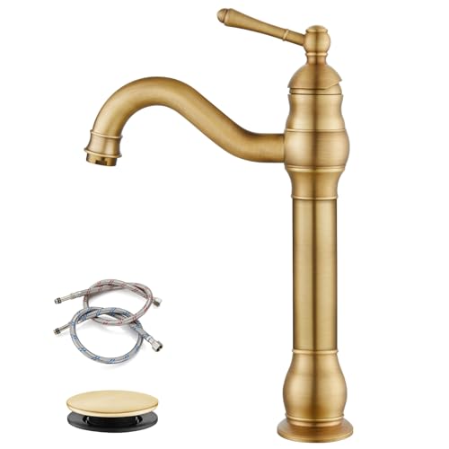 gotonovo Vessel Sink Faucet 360 Swivel Spout Single Handle Tall Bathroom Faucet 1 Hole Farmhouse Lavatory Washbasin Mixer Tap Matching Supply Hoses with Pop Up Drain Antique Brass