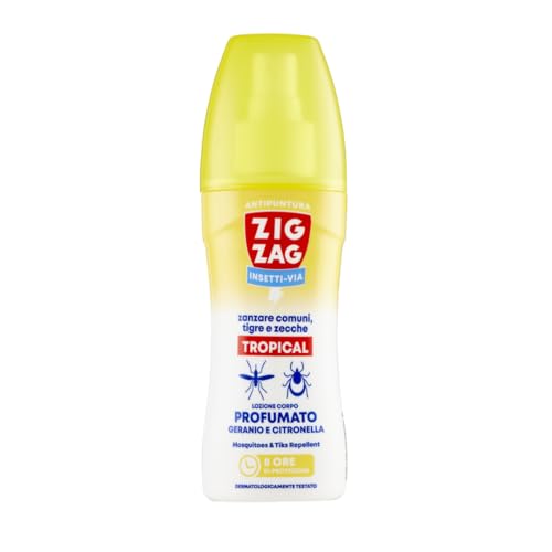 ZIG-ZAG antizanzare corpo, Lozione repellente per zanzare, Profumo geranio e citronella, 100 ml