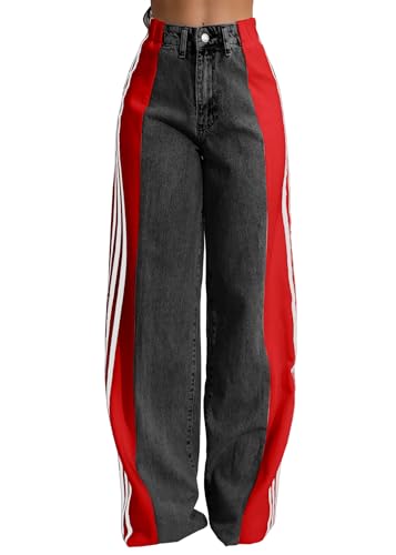 Nihsatin Women's Two Tone Jeans Wide Leg High Waisted Stretchy Buttoned Denim Pants