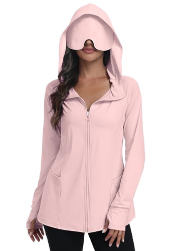 SeSe Code Travel Hoodie With Eye Mask Zip Up Sun Protection Lightweight Jacket With Pockets Airplane Outdoor Sleep Pink XL