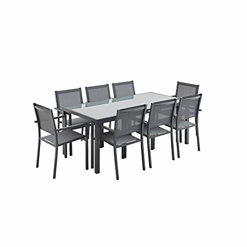 Alice's Garden - Table de Jardin Aluminium + 8 assises - Capua 180cm - Anthracite. Gris - 8 Places - 1 Grande Table rectangulaire. 8 fauteuils empilables