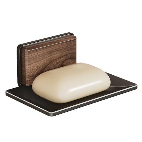 Porta Jabón De Pared De Nogal Y Metal Diseño De Drenaje Inclinado para Secado Rápido Organizador Ahorrador De Espacio para Baño Y Cocina,Compatible con Jabones En Barra Y Champús Sólidos