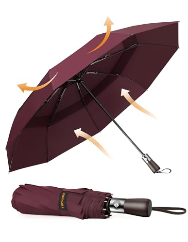 TECKNET - TECKNET Parapluie Pliant Automatique Compact, Parapluie Solide Homme de Voyage, Revêtement en Téflon 210T, Anti-Tempête, Double Toit Coupe-Vent Ventilé, Poignée en Bois Véritable,Rouge - -7%