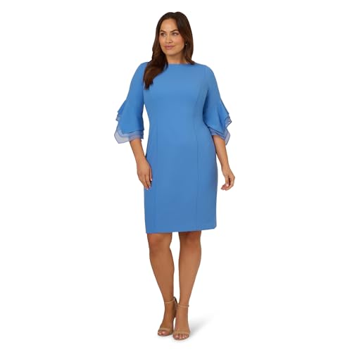 Image of Adrianna Papell Stretch Knit Crepe Sheath Dress with Tiered Organza Bell Sleeve