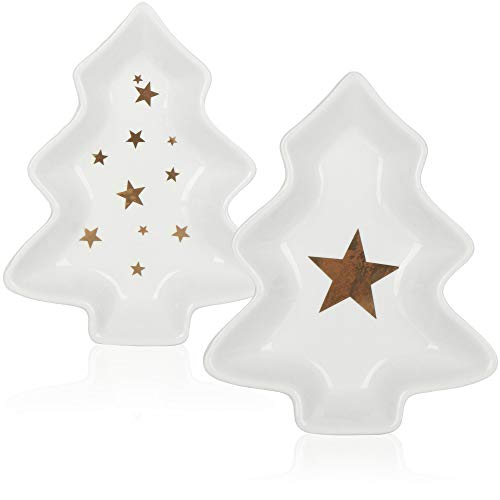 com-four® 2X Cuenco de Porcelana en Forma de árbol de Navidad - Plato Decorativo para Galletas y Snacks - Cuenco Decorativo de Navidad (02 Piezas - Árbol de Navidad)
