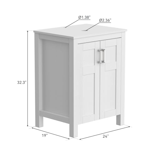 Puluomis 24 Inches Traditional Bathroom Vanity Set in White Finish, Single Bathroom Vanity with Top and 2-Door Cabinet, Clear Boat Glass Sink Top with Single Faucet Hole