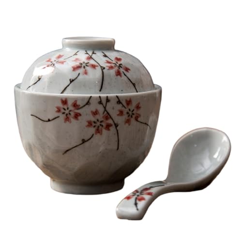 WOLKKAM 日本製 茶碗 蒸し器 陶器製 食器 卵茶碗 蒸し器 蓋付き スープ スプーン付き (柳桜模様,蓋付きのボウル)