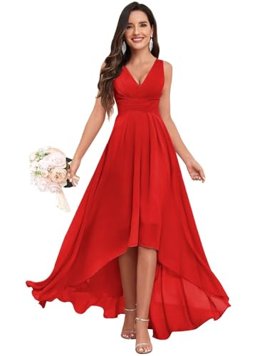 High Low Bridesmaid Dresses for Women Chiffon Long Formal Party Dress V Neck Evening Gowns