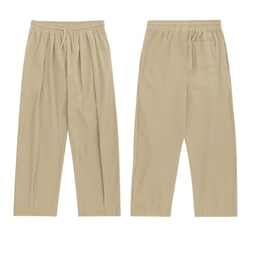 Mens Linen Beach Pants Boho Straight Leg Yoga Pants with Pockets 2025 Baggy Elastic Waist Work Pants Pleated Pants4