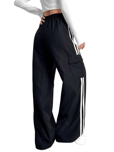 Verdusa Women's Cargo Pants Baggy Straight Wide Leg Track Pants Striped Joggers with Pockets Athletic Streetwear2